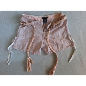 Esley Women Small Pure Linen Beige Embellished Boho Shorts w/ Braided Strap Belt